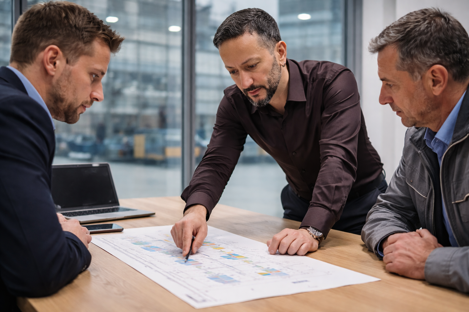 Besprechung ueber ein Arbeitsablaufdiagramm